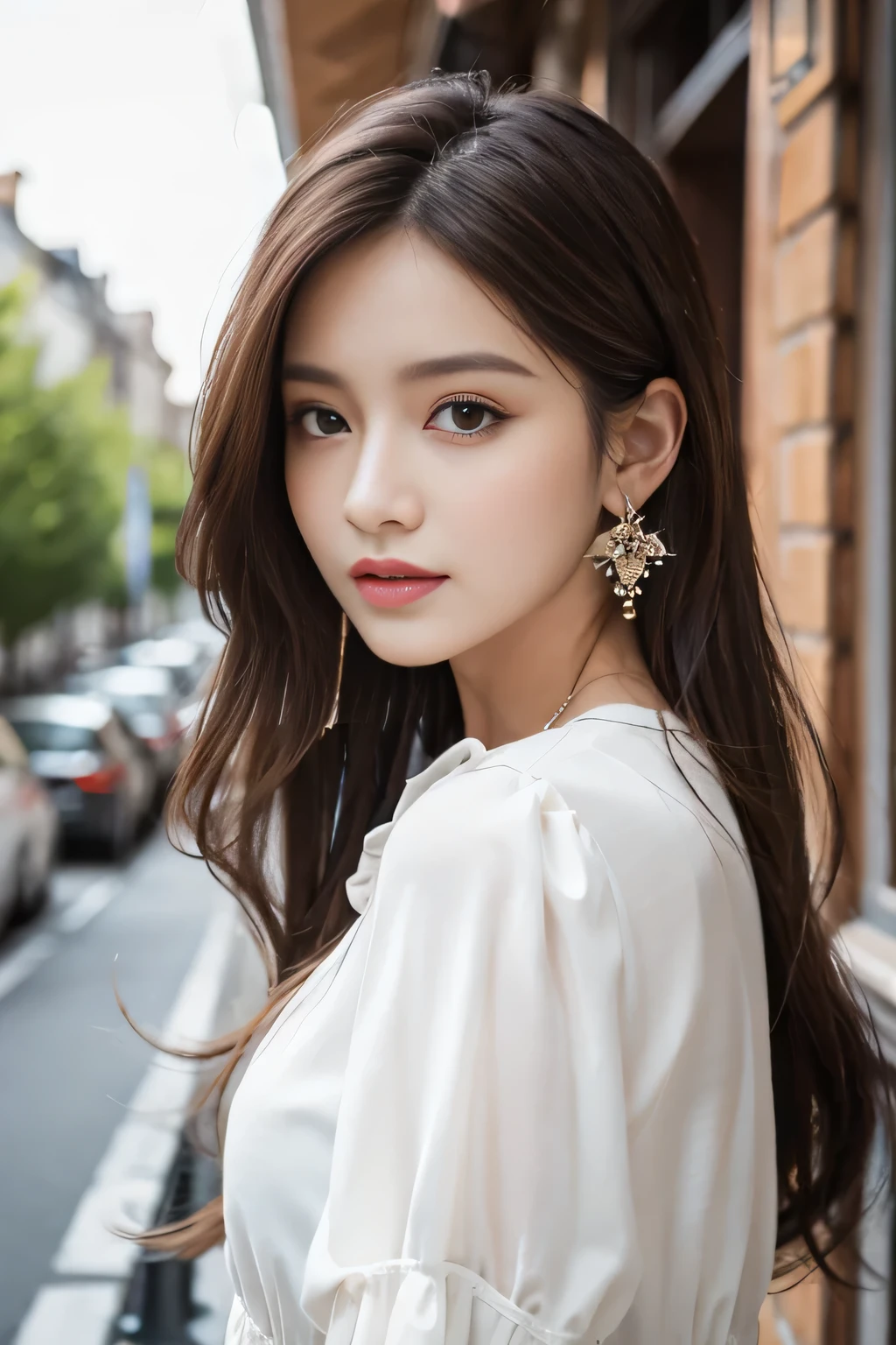 masterpiece, Highest quality, Realistic, Very detailed, Finer details, High resolution, 8k wallpaper, One beautiful woman,Wear a nice blouse, On the terrace of a lovely cafe, at noon, Light brown messy hair, Perfect dynamic composition, Beautiful and beautiful eyes、Big earrings、