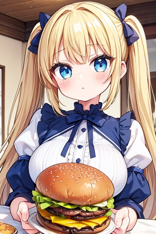 Eat a huge burger,Highest quality,Blonde with blue eyes、ta、Small breasts、Twin tails、girl'enjoy,Smile,