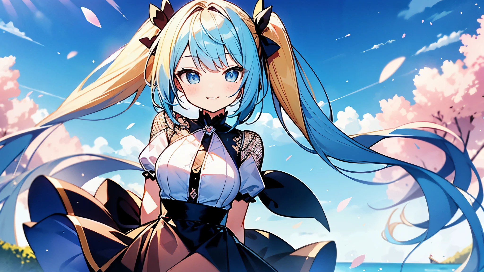 Are standing.Tabletop, (Highest quality、Highest Resolution、masterpiece,Highest quality、Very detailedな,Anatomically correct、Perfect Face、Perfect Fingers、Perfect Arms:1.5),shape, wallpaper, Very detailed, incredibly beautiful sky, 1, (blonde,Two-tone hair,Blue inner color hair,Blue mesh hair、Twin tails:1.8),Detailed eyes、 Very detailed and beautiful eyes , Hair blowing in the wind、Small Head、(Panorama:1.5),A heart is drawn in the eye,The best beautiful girl,pretty girl,smile,Large Breasts,White and light blue ruffle dress,Gal,Place your hands behind your back,She has blue hairpins in her hair,Many cherry blossoms are falling、Lens flare、Warm spring sunlight、There are cherry blossom trees in the background