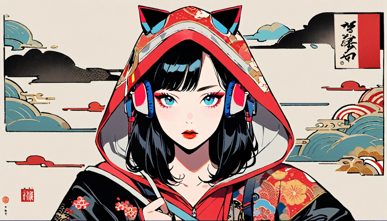(((1 girl))), (((Ink Painting))), Fashion portrait color photos, (((Flashy makeup))), (((Japanese style headphones))), (((Japanese pattern hoodie))), (((Put on the hood))), Japan人の美少女, Black Hair, Delicate and precise, Modern ukiyo-e style,Japan, Japanese flag, red and blue neon
