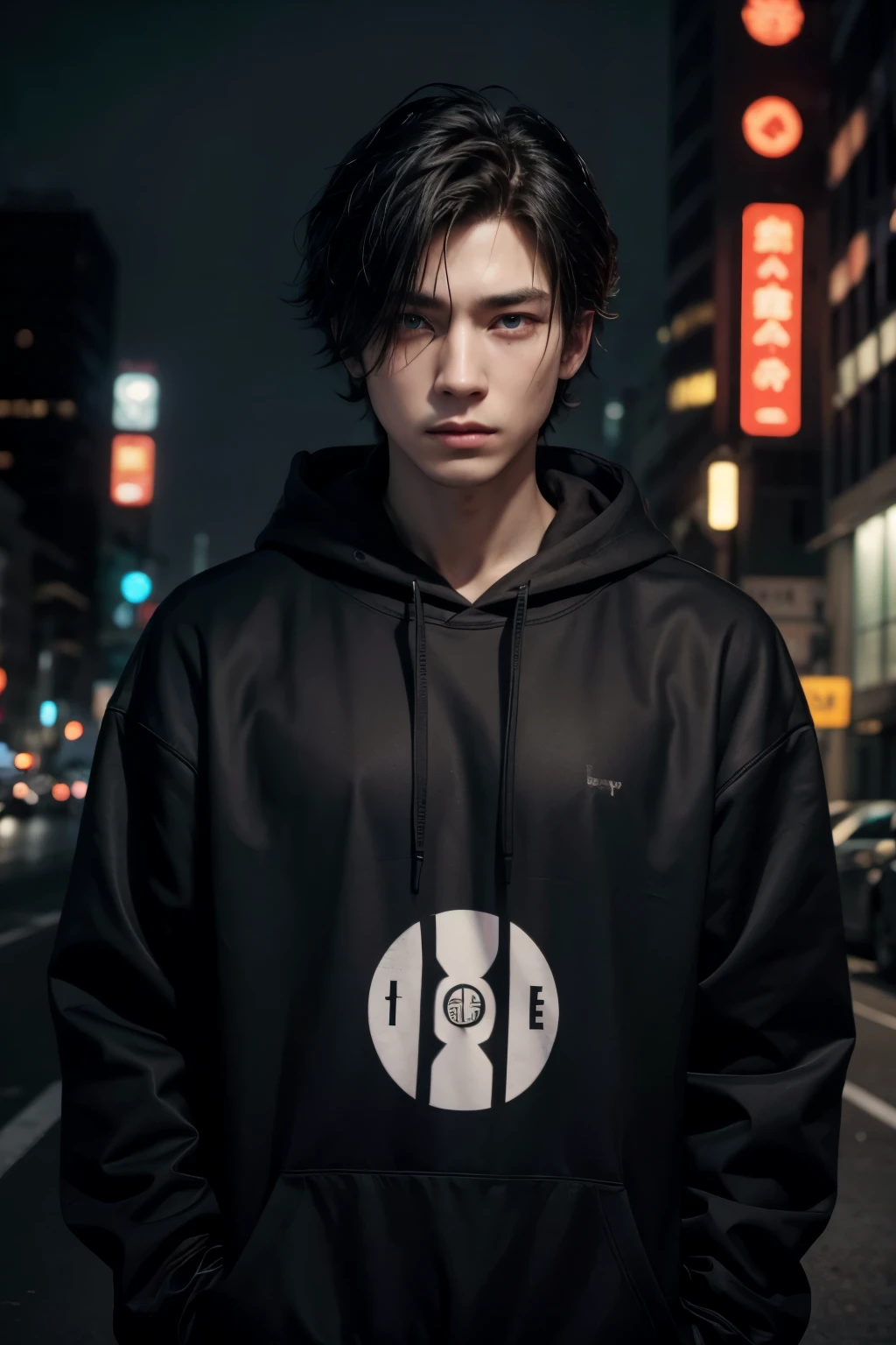 por zackary911, (cafesoda:1.1), Hioshiru, zackary911, Pure, the second, male, Alone, CLOTHES, for the, 2022, black CLOTHES, hoodie, black clothes, eyes with eyelids, black hoodie, cyberpunk city background,