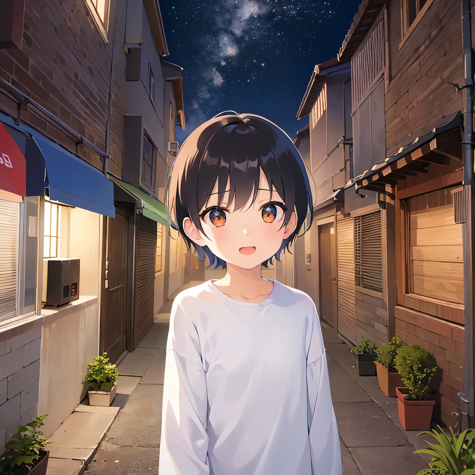 (Night Sky:1.5),Shooting from above、(looking up:1.5),finger pointing、
、masterpiece、Highest quality、 (Short hair with brown bangs) and (Orange eyes) and (5 year old boy:1.5)、Boy,
(White long sleeve shirt)、
smile、open mouth, Are standing、The background is a back alley at night、The upper body is shown、Alone、