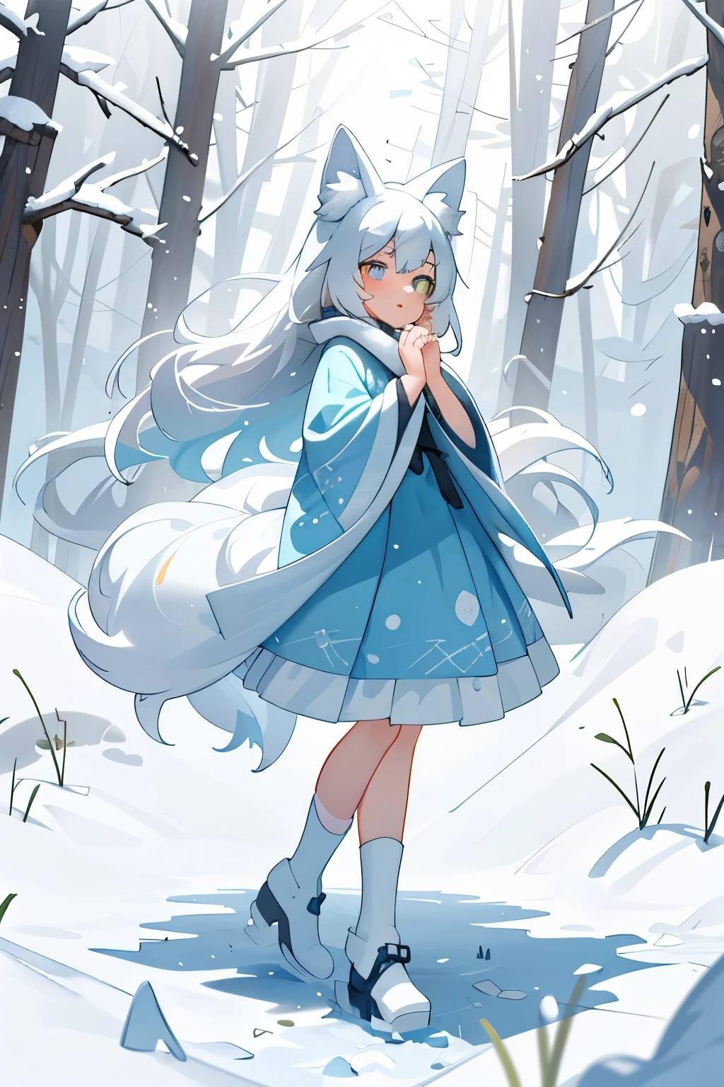 Masterpiece, best quality, snow-covered landscape, a forest shrouded in pristine white snow, a solitary adult woman, with a unique adult woman's figure, adorned with fox ears, only one fox tail twitching, her long white hair cascading down her back, covering her face with a mask featuring the intricate design of a kitsune mask, her eyes displaying an unusual heterochromia of blue and yellow, her mature face softly lined, her lip gloss adding a touch of cute, her little frame seemingly fragile but her expression wise and focused, the snowy ground dotted with her footprints, her light blue dress losing its pristine appearance due