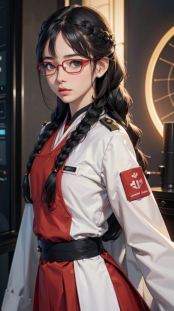 (highest resolution),(Not),((Maximum eye detail))(Beautiful picture),(Maximum eye detail)),Sci-fi movie poster,(Small chest),(สไตล์ภาพscience fiction), (best quality),(Masterpiece),(Maximum face detail),((realistic face)),(Maximum face resolution),adult,east asian woman, shape,black hair,((Bangs 1.3 )),(double braid hairstyle ),green eyes,((red glasses)),(tall military uniform),long skirt,white coat,future,science fiction,(( ยืนอยู่บริเวณNaval Base)),Naval Base
