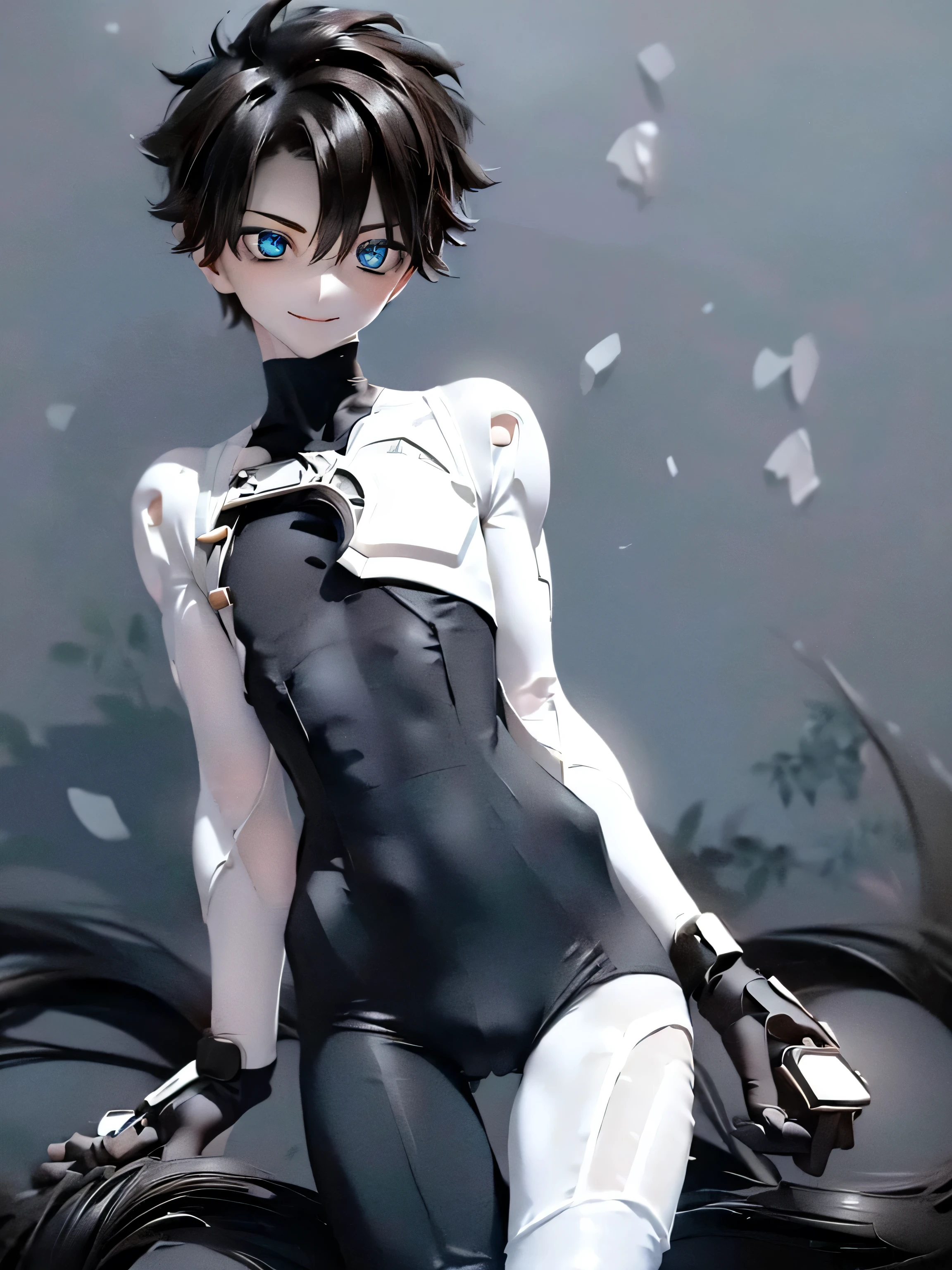 absurdres, uhd, (((best Quality))), ((ultra detailed)), full resolution, hdr, 8k, ((full body)), (Masterpiece, Best quality:1.4), (Beautiful, Aesthetic, Perfect, Delicate, Intricate:1.2), (ultra resolution:1.2), (ultra detailed), (((1boy, male, man))), malefujimaru, fujimaru_ritsuka, (((blue eyes, brown hair))), a cool and thin man, detailed eyes, glass eyes, ((long eyelashes)), side glance, (((white and black bodysuit:1.3))), (((oval chest_cutout))), (young man), ((black gloves)), shiny, reflective, twisting hips, ((thigh gap)), ((cool expression)), ((smiling)), ((hand on his own chest)), (((flat chest))), Additional lighting, sunlight, daytime, ((city)), buildings, majestic view, doll, bjd,