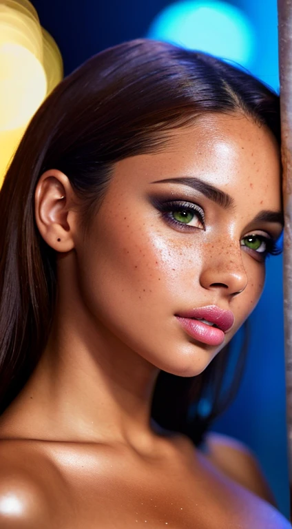 (((UHD, retina, masterpiece, accurate, anatomically correct, textured skin, super detail, high details, high quality, best quality, high res, 1080P, HD, 4K, 8k, 16k))), (gorgeous mixed supermodel, beautiful detailed hazel eyes, beautiful detailed lips, extremely detailed eyes and face), glossy lip gloss, sexy pouty lips, studio lighting, physically-based rendering, vivid colors, (Medium Shot, shiny hair, shiny skin, blush), (bokeh), eye reflection,, dark atmosphere, highly detailed skin texture, extreme details, perfect breast, dark tanned skin, freckles,, ultra detailed skin texture, soft lights, flush skin