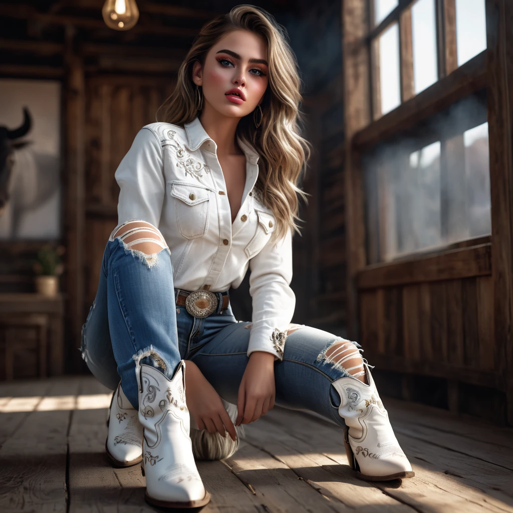 a girl in white cowboy boots, denim ripped jeans, grabbing her crotch, detailed face, beautiful detailed eyes, beautiful detailed lips, extremely detailed facial features, long eyelashes, photorealistic, 8k, high quality, detailed rendering, hyperrealistic, dramatic lighting, cinematic, moody, dark, dramatic, vividcolor, color grading, masterpiece