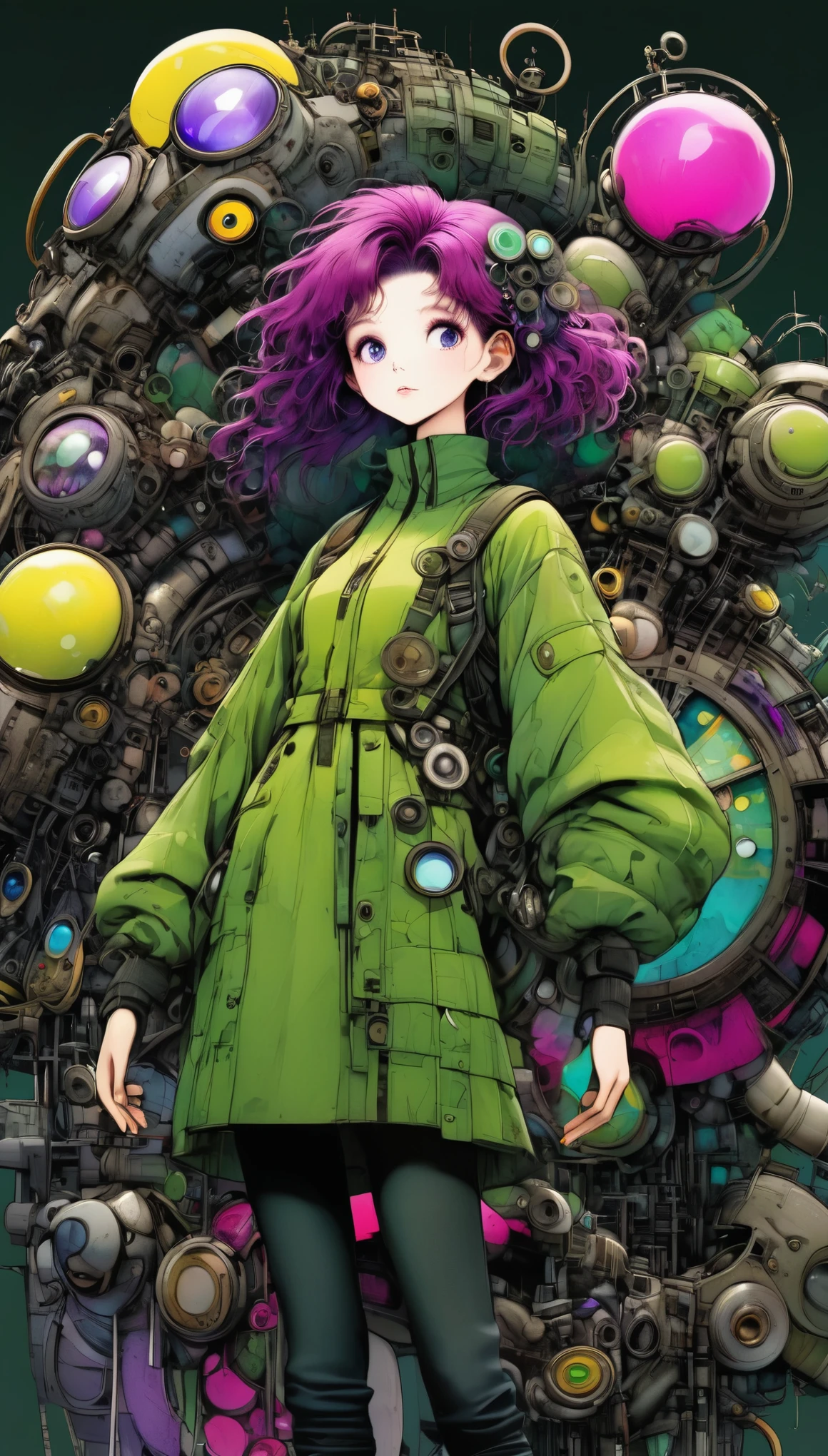 ((pay attention to the plan:1.5, plano general, whole body:1.5)), 1 beautiful girl in technical clothing, mechanical spider, circles, Fractals,(black outline art) By Yoshitaka Amano,Travis Charest. colors, land, cian, yellow, green. magenta, violet, cian, HD, image hyper sharpness,(Best Quality:1.3, 32K,High Definition:1.3, 4x ,ultra sharp, High resolution, professional) ,cinematographic, fisheye photography:1.6,