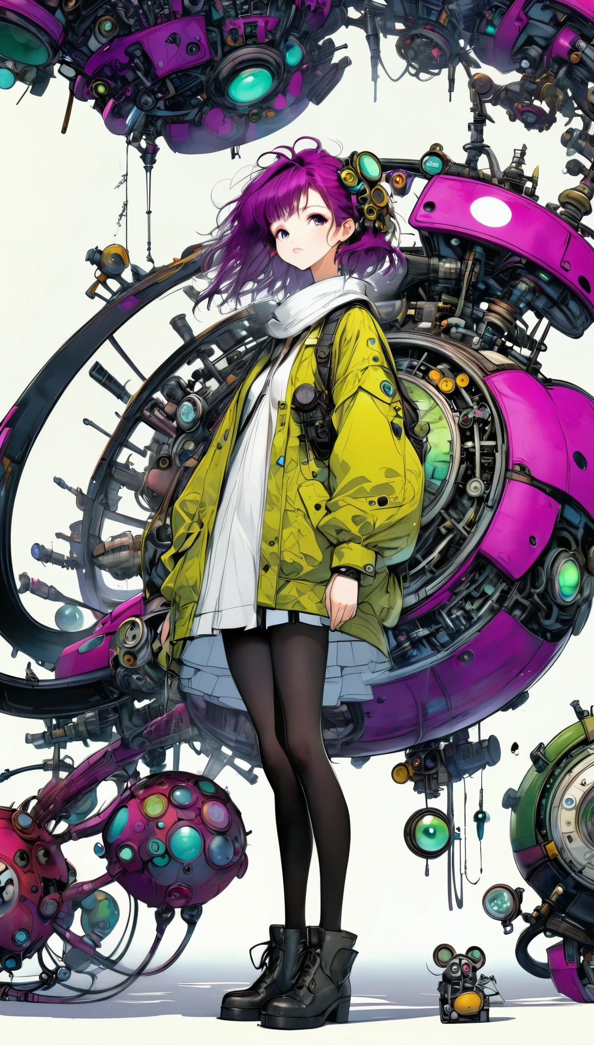 ((pay attention to the plan:1.5, plano general, whole body:1.5)), 1 beautiful girl in technical clothing, mechanical spider, circles, Fractals,(black outline art) By Yoshitaka Amano,Travis Charest. colors, land, cian, yellow, green. magenta, violet, cian, HD, image hyper sharpness,(Best Quality:1.3, 32K,High Definition:1.3, 4x ,ultra sharp, High resolution, professional) ,cinematographic, fisheye photography:1.6,