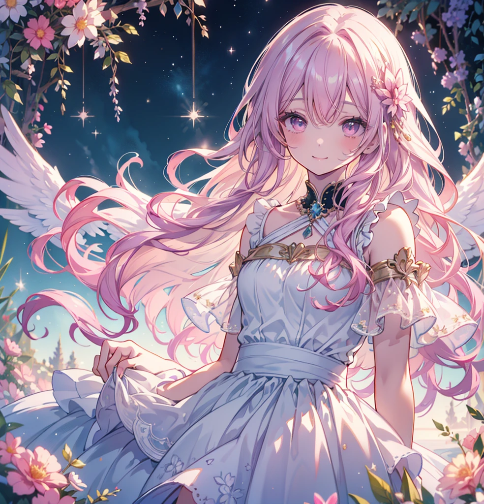 (masterpiece,Highest quality, Very detailed, beautiful, Exquisite, 16K, Full HD), ((smile,Happy:1.5)),get up,((Frills, Sparkling fluffy layered ball gown)), (Pink medium hair,Wavy Hair,Fluffy hair),(White skin,Lavender eyes, Long eyelashes, Big eyes,Pale pink cheeks), (pastel colour,Fantasy art:1.2),Facing forward,Upper Body,身体はFacing forward,No text