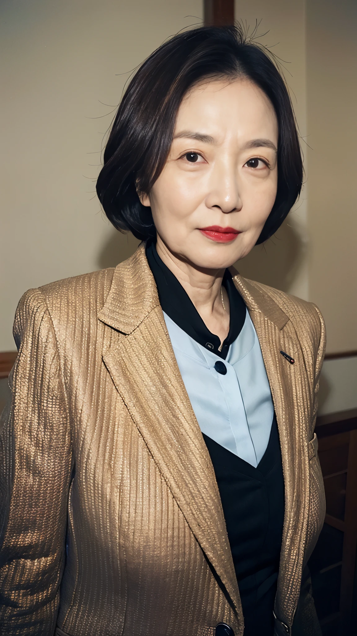 Masterpiece, ((Great focus)), 32K, Beautiful finish, Korean, Beautiful mature woman、60-year-old woman、Photo of your ID、Red lips, Thin lips, suit、Round 1, Light from the front,