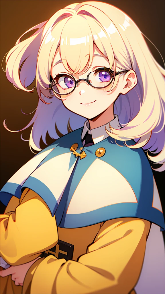 ((Highest quality)), ((masterpiece)), (detailed), Cream colored hair、Bob Hair、Slightly droopy eyes、Purple Eyes、Narrow-rimmed round glasses、girl、Facing forward、Friendly atmosphere、No belongings、Smiling smile、The whole body is shown