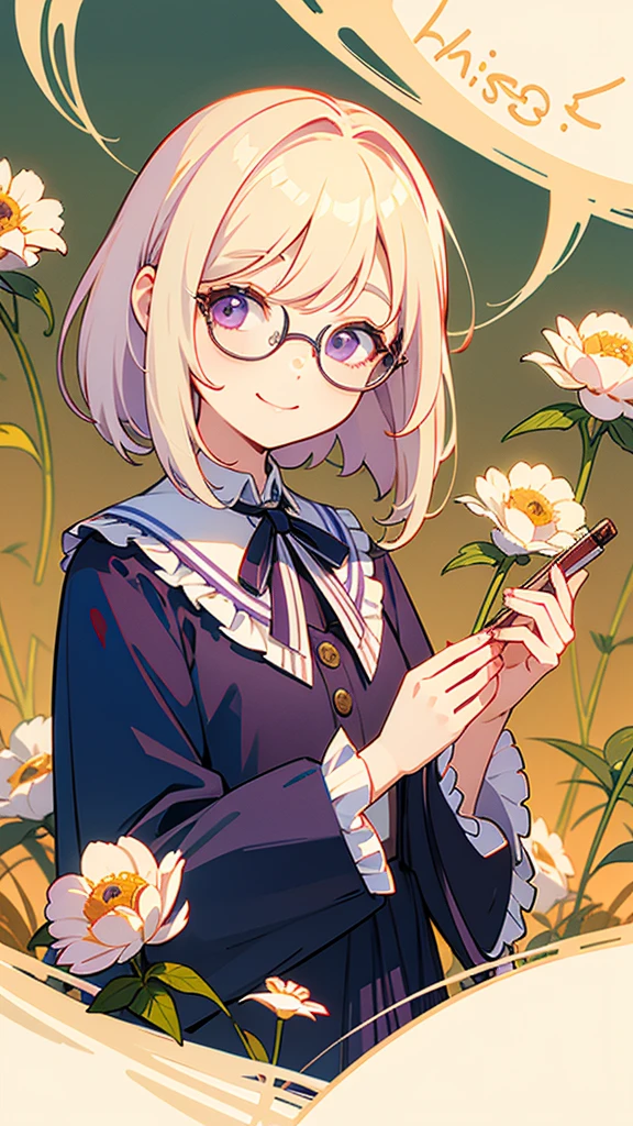 ((Highest quality)), ((masterpiece)), (detailed), Cream colored hair、Bob Hair、Slightly droopy eyes、Purple Eyes、Narrow-rimmed round glasses、girl、Facing forward、Friendly atmosphere、No belongings、Smiling smile、The whole body is shown