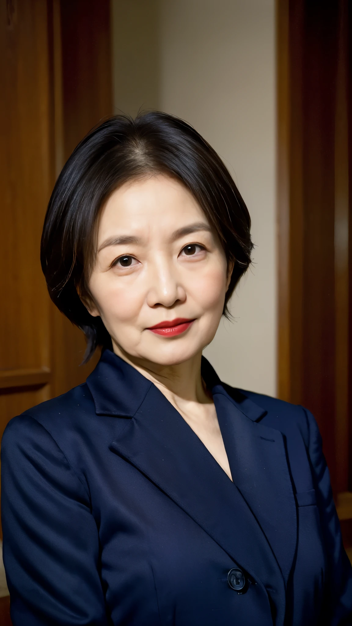 Masterpiece, ((Great focus)), 32K, Beautiful finish, Korean, Beautiful mature woman、60-year-old woman、Photo of your ID、Red lips, Thin lips, suit、Round 1, Light from the front,