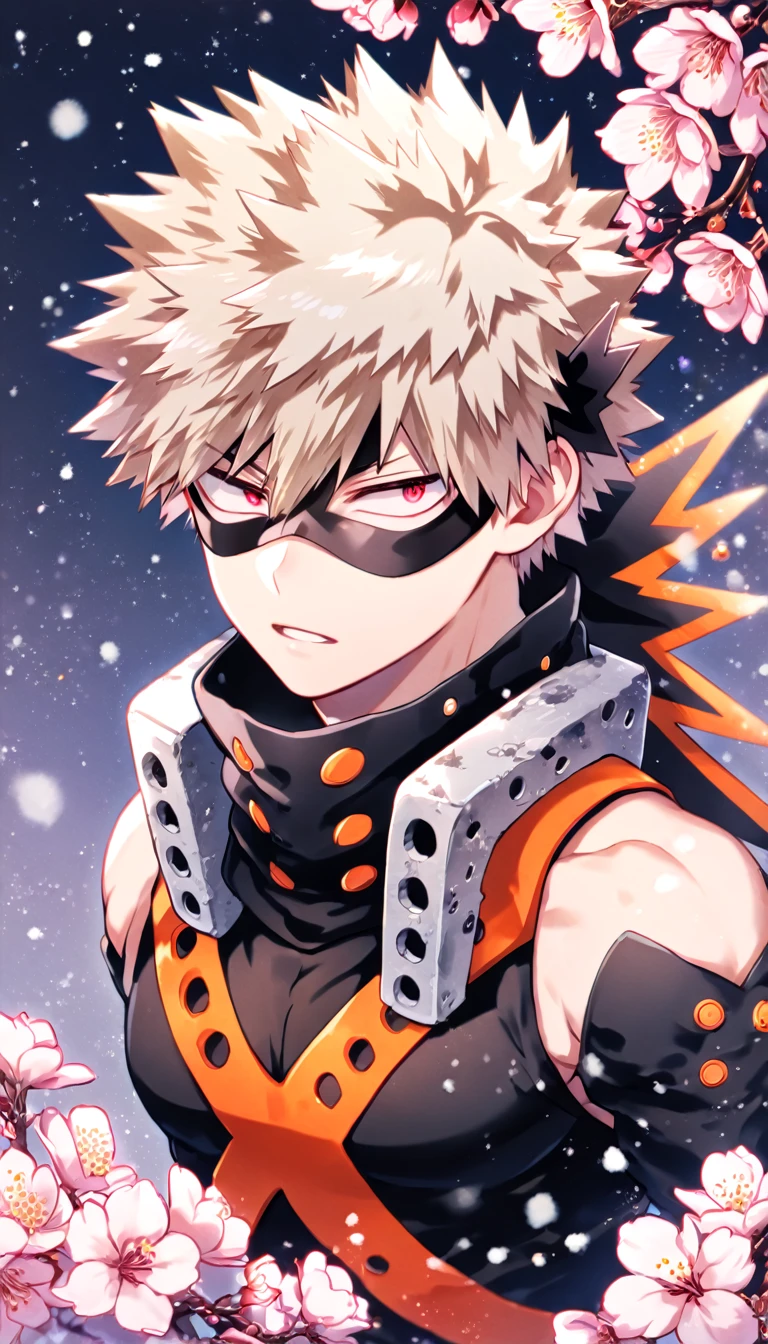 Ultra detailed, HDR, Highres, absurdres, master piece, Bakugou Katsuki, ash blonde hair, expressive red eyes, black hero clothes with oranger patterns, black eye mask, black gloves, Boku No Hero Academia, sexy man, handsome, cherry, flowers, blossoms, fantasy, magical, pink leaves, snowing, handsome, sensual, best quality, glittering, solo,