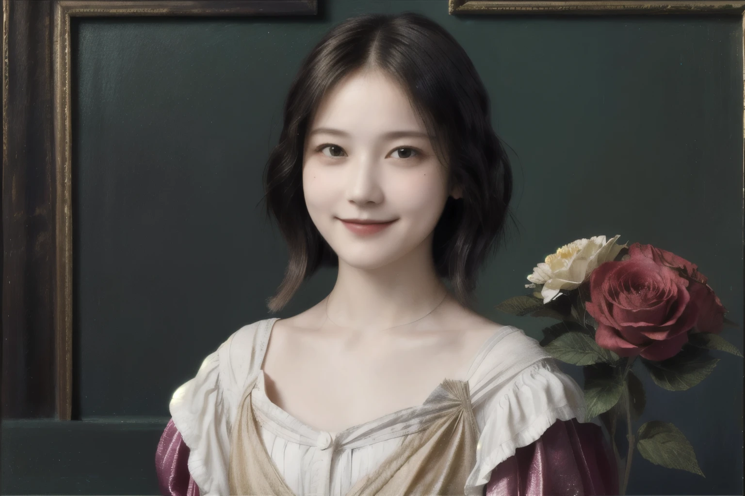 262 20-year-old female,(Short Hair 46),(Genuine,chest:1.5),Old-fashioned smile,(Paintings by Leonardo da Vinci),flower