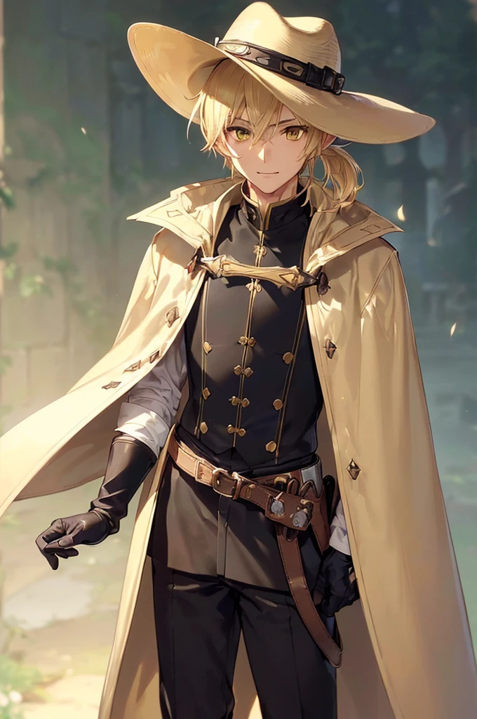 (((masterpiece; best quality: 1.2))), (finely detailed eyes: 1.3), (25 year old elf man), (solo), (yellow eyes: 1.4), (body; toned, fit, masculine: 1.3), (silky blonde hair in low ponytail: 1.3), (beautiful and clear background: 1.2), ((depth of field)), (equipment: adventurer garb + modest + elegant wide-brimmed hunter hat + beige overcoat + shirt + long black slanted cape + black pants + gloves + belt + pouches: 1.3), (anime illustration: 1.2), (background composition; royal garden: 1.1), (extremely fine and handsome: 1.1), (shot composition; standing + centered on torso + close-up: 1.5), (expression; calm, smile: 1.2)