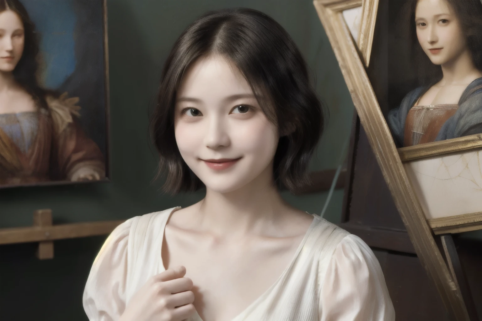 262 20-year-old female,(Short Hair 46),(Genuine,chest:1.5),Old-fashioned smile,(Paintings by Leonardo da Vinci),flower