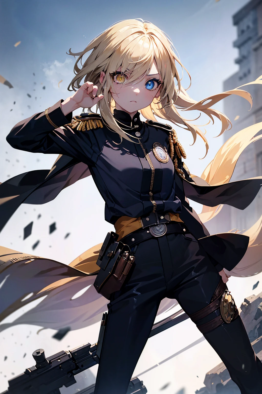 best quality,masterpiece,ultra detailed,Add layer,detailed eyes,slim,skinny,slim legs,small hips,1 girl,
NARUTO,steam punk,,
(heterochromia,Yellow eye,blue eye),(big eyes),slant eyes,upturned eyes,glowing eyes,slant eyes,Sharinggan Eyes Inpaint,
hair over one eye,long hair,Ash blonde,wavy hair,shiny hair,silky hair,
expressionless,
tactical vest,steam punk military uniform,pants,
standing,Full body,Lake of the Dead,
