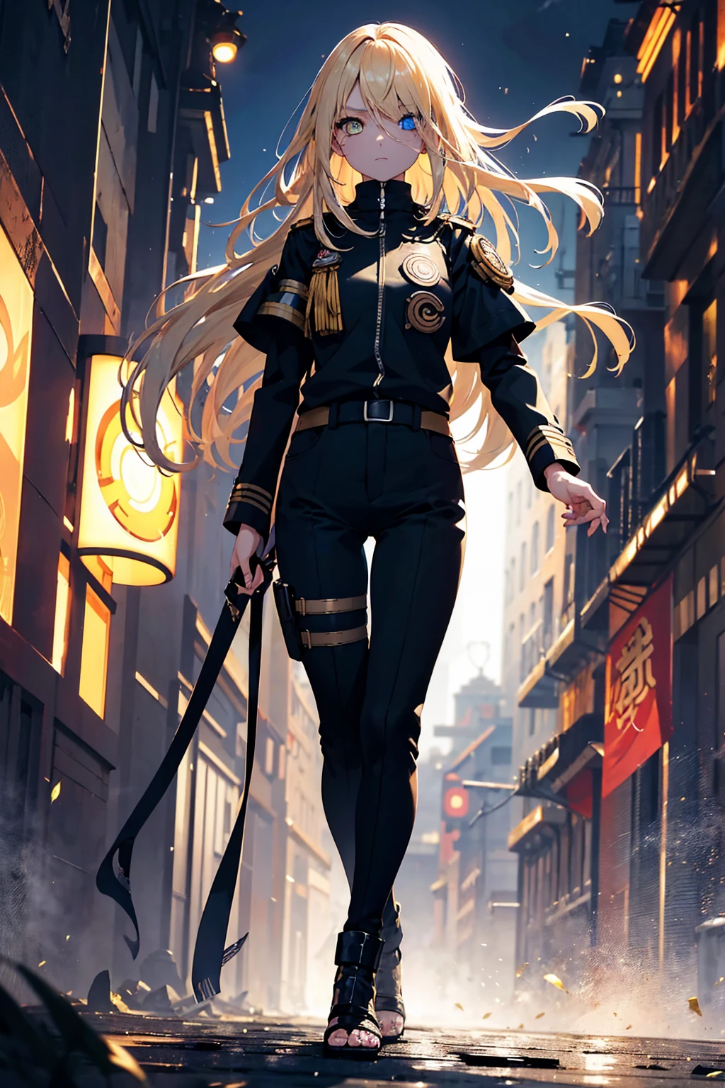 best quality,masterpiece,ultra detailed,Add layer,detailed eyes,slim,skinny,slim legs,small hips,1 girl,
NARUTO,steam punk,,
(heterochromia,Yellow eye,blue eye),(big eyes),slant eyes,upturned eyes,glowing eyes,slant eyes,Sharinggan Eyes Inpaint,
hair over one eye,long hair,Ash blonde,wavy hair,shiny hair,silky hair,
expressionless,
tactical vest,steam punk military uniform,pants,
standing,Full body,Lake of the Dead,