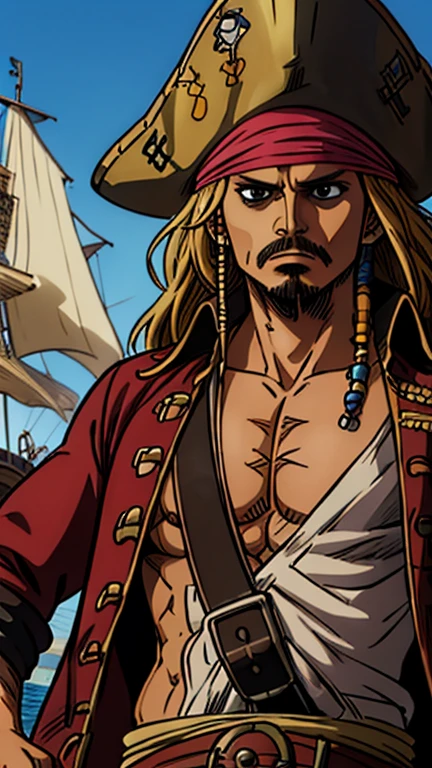 (jack sparrow), (extremely detailed CG unit 8k wallpaper),(master part), (best quality), (ultra detail), (best illustration),(One Piece Style), cowboy shot, (Sharp eyeliner, ombre, detailed eyes:1),
pirates_of_the_caribbean background, break , upper body