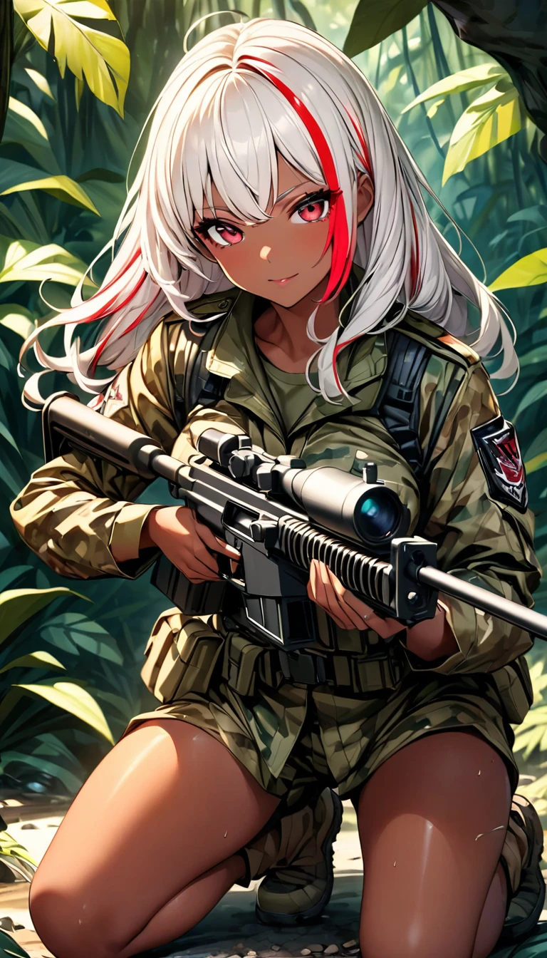 (highest quality:1.2, Very detailed, up to date, Vibrant, Ultra-high resolution, High Contrast, masterpiece:1.2, highest quality, Best aesthetics), Portraiture、girl、singer、Bright colors、Beautiful fine details、Beautiful lip detail、(medium wave hair:1)、(red and white hair:1.5) ((streaked hair:1.7)), highlights hair: 1.5, red eyes, slim body, medium breast, (tan skin:1.1), (Floral Fineline tattoo design on left arm:0.8),Resolute expression, (camouflage combat uniform:1.3), (aiming with a machine gun:1), kneeling, jungle, cowboy shot, 

