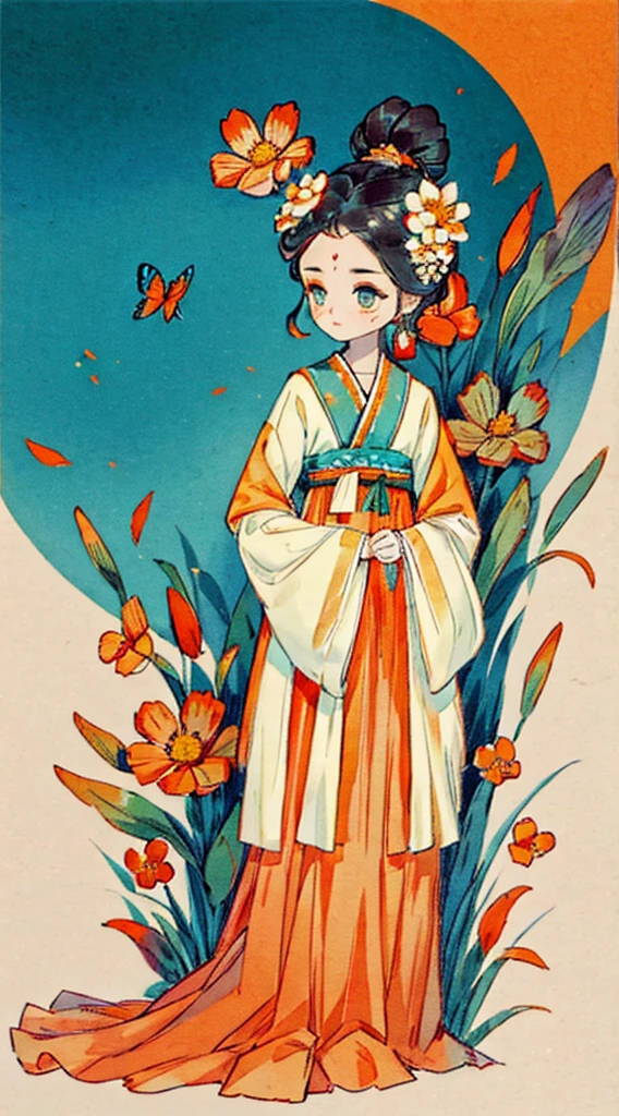 1 Sister, Alone, looking at viewert, face flushed, Background with, black hair color hair, hair adornments, longer sleeves, white backgrounid, everlasting, Full body lesbian, orange colors, flowers blooming, hairflower, hair-bun, butterflys, tmasterpiece, recent quality, The finest details, Clear facial features, beautidful eyes