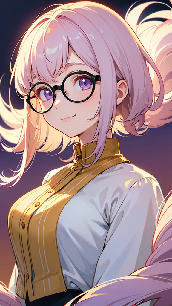 ((Highest quality)), ((masterpiece)), (detailed), Cream colored hair、Bob Hair、Slightly droopy eyes、Purple Eyes、Narrow-rimmed round glasses、girl、Facing forward、Friendly atmosphere、No belongings、Smiling smile、The whole body is shown