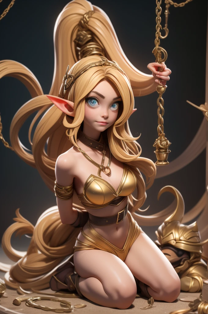 1slave, elf chained, bound, elf girl in shackles, squatting, kneeling, knees on the ground, bikini, camel toe, medium breasts, girl chained , chains, knees spread, shy and embarrassed expression, crowded market place, market