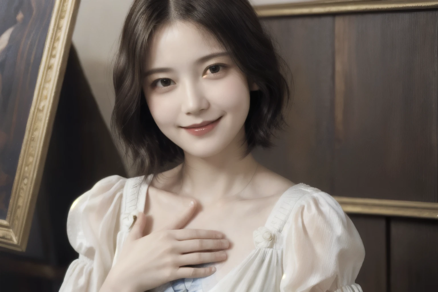 262 20-year-old female,(Short Hair 46),(Genuine,chest:1.5),Old-fashioned smile,(Paintings by Leonardo da Vinci),flower