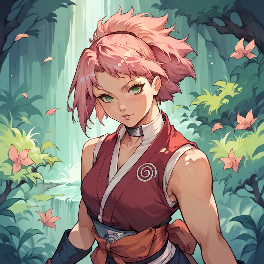 score_9,score_8_up,score_7_up, score_6_up, score_5_up, source_anime, sakura haruno from Naruto, green eyes, pink hair, ninja