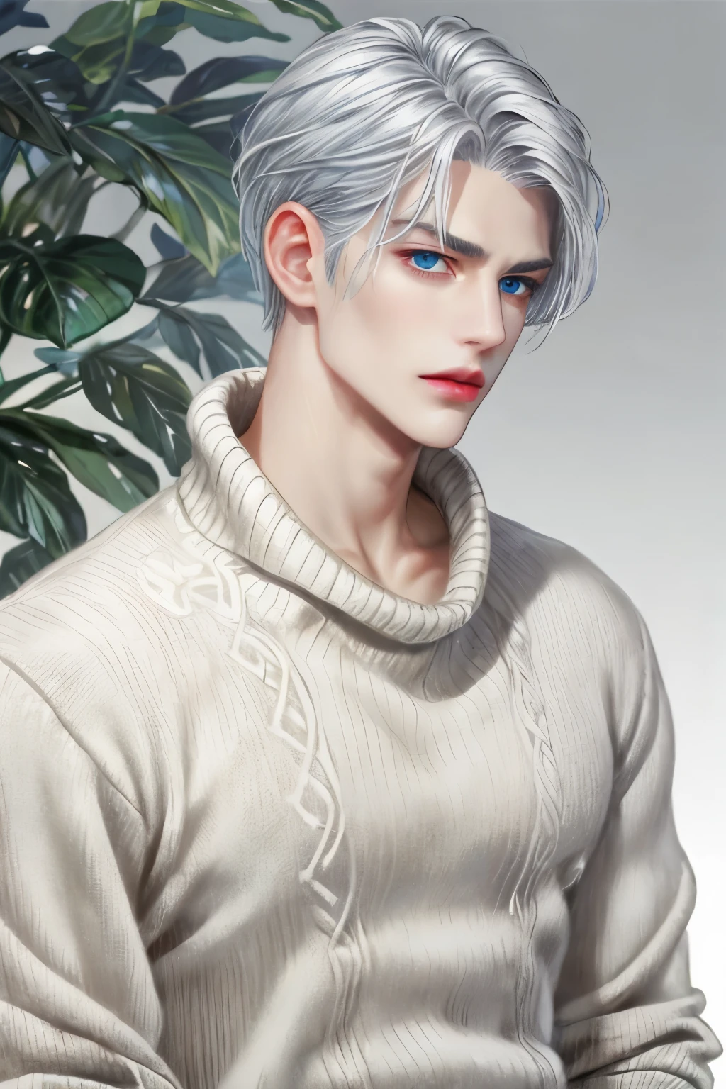 Chico, silver hair, blue eyes, serious and sharp features, White skin, bright lips, elegant, perfect, sweater
