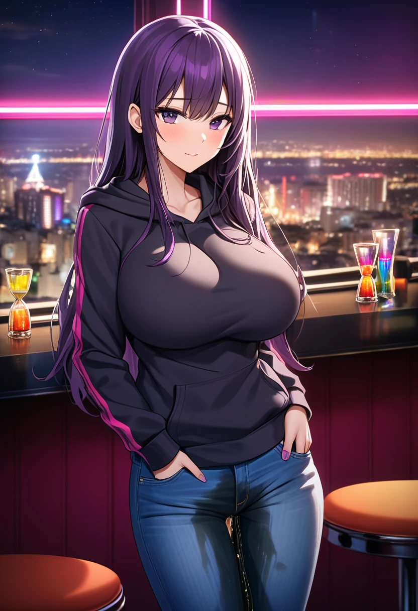 woman, very dark purple hair, purple eyes, long hair, huge breasts, skinny, hourglass figure, stylish hoodie, tight jeans, standing, (wetting herself:1.5), best quality, ultra-detailed, HDR, studio lighting, professional, vivid colors, sharp focus, bokeh, landscape, love hotel, bar counter, night, window, cityscape, colorful city, neon lights, futuristic, science fiction, soft lighting, dynamic shadows, embarrassed, humiliation, blushing, angry, facing viewer, (hands on hips:1.5), groin, mound of Venus