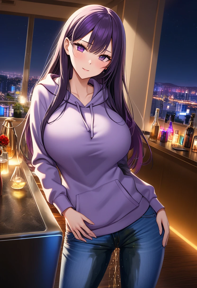 woman, very dark purple hair, purple eyes, long hair, huge breasts, skinny, hourglass figure, stylish hoodie, tight jeans, standing, (wetting herself:1.5), best quality, ultra-detailed, HDR, studio lighting, professional, vivid colors, sharp focus, bokeh, landscape, love hotel, bar counter, night, window, cityscape, colorful city, neon lights, futuristic, science fiction, soft lighting, dynamic shadows, embarrassed, humiliation, blushing, angry, facing viewer, (hands on hips:1.5), groin, mound of Venus
