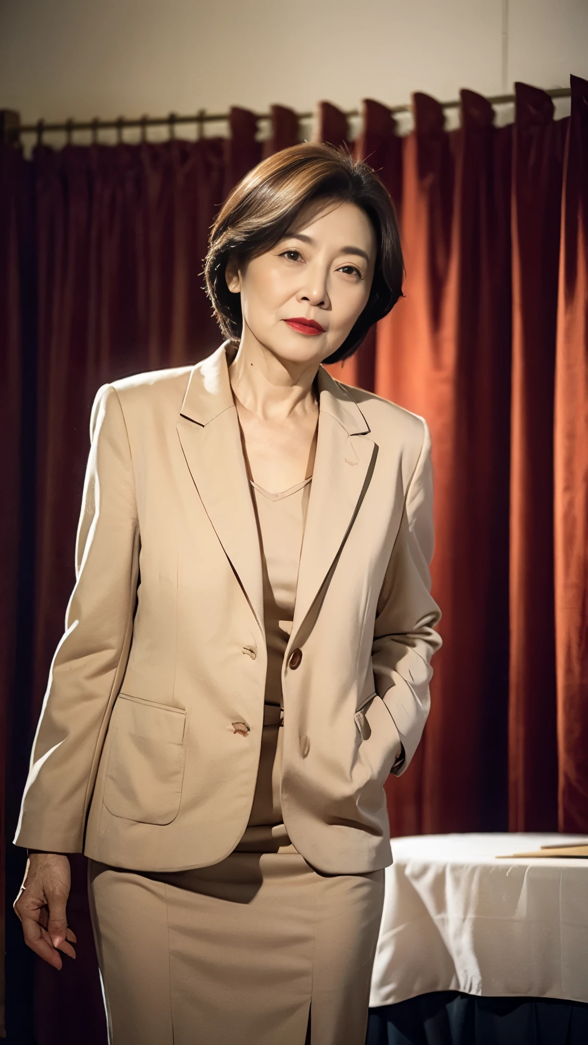 Masterpiece, ((Great focus)), 32K, Beautiful finish, Korean, Beautiful mature woman、60-year-old woman、Photo of your ID、Red lips, Thin lips, suit、Round 1, Light from the front,