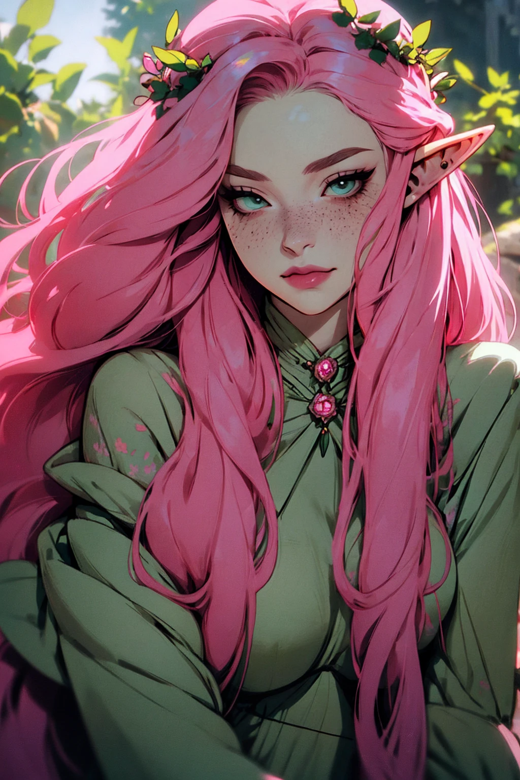 hyper-realistic of a mysterious woman with flowing pink hair, ears of elf, freckles, piercing green eyes, and a delicate floral crown, delicate smile, upper body, dinamic poses