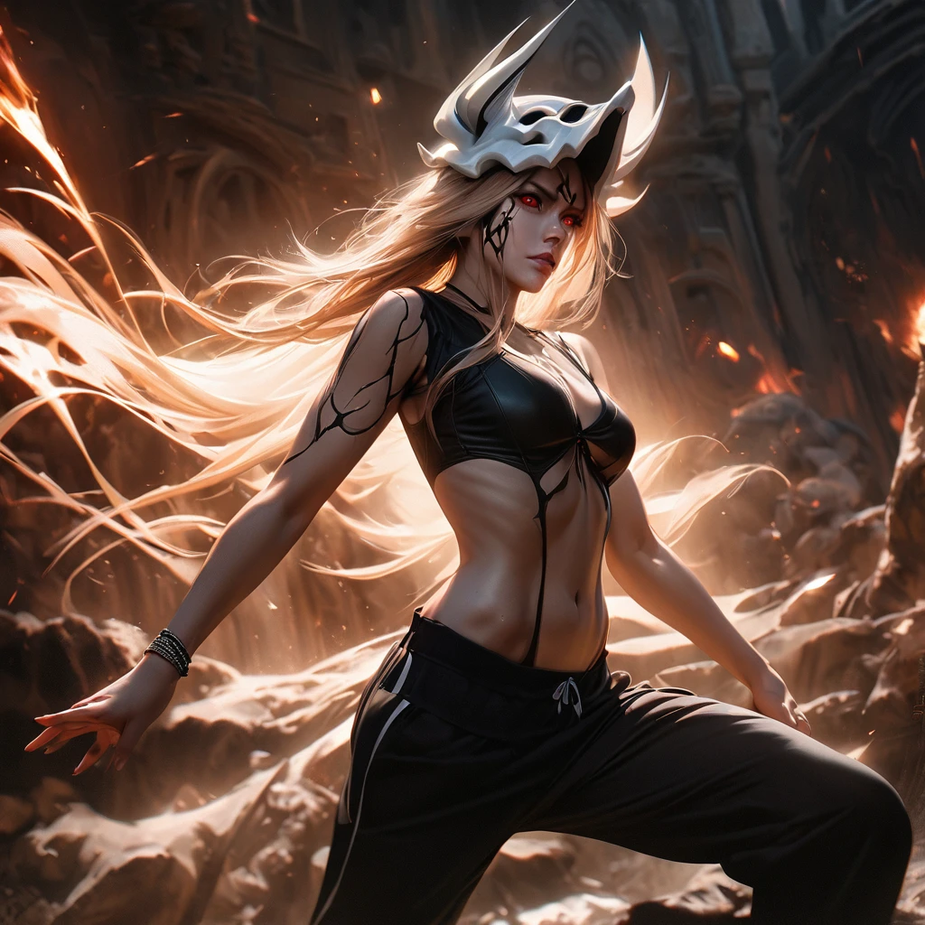 arrancar beautiful female from bleach with long hair, glowing black aura skin, red eyes, wearing sweatpants and a black shirt, detailed facial features, extremely detailed eyes and face, longeyelashes, 1girl, digital painting, highly detailed, intricate, hyper realistic, 8k, photorealistic, masterpiece, dramatic lighting, cinematic, moody, dark fantasy, dynamic pose, powerful, mystical