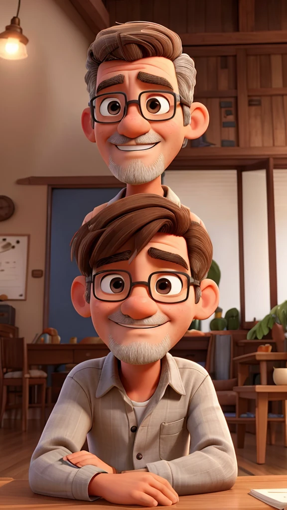 um homem adulto, hair starting to turn gray sitting at a wooden table in the living room and a 10 year old , with brown hair, sitting next to the man, looking at old photos of your father who passed away.