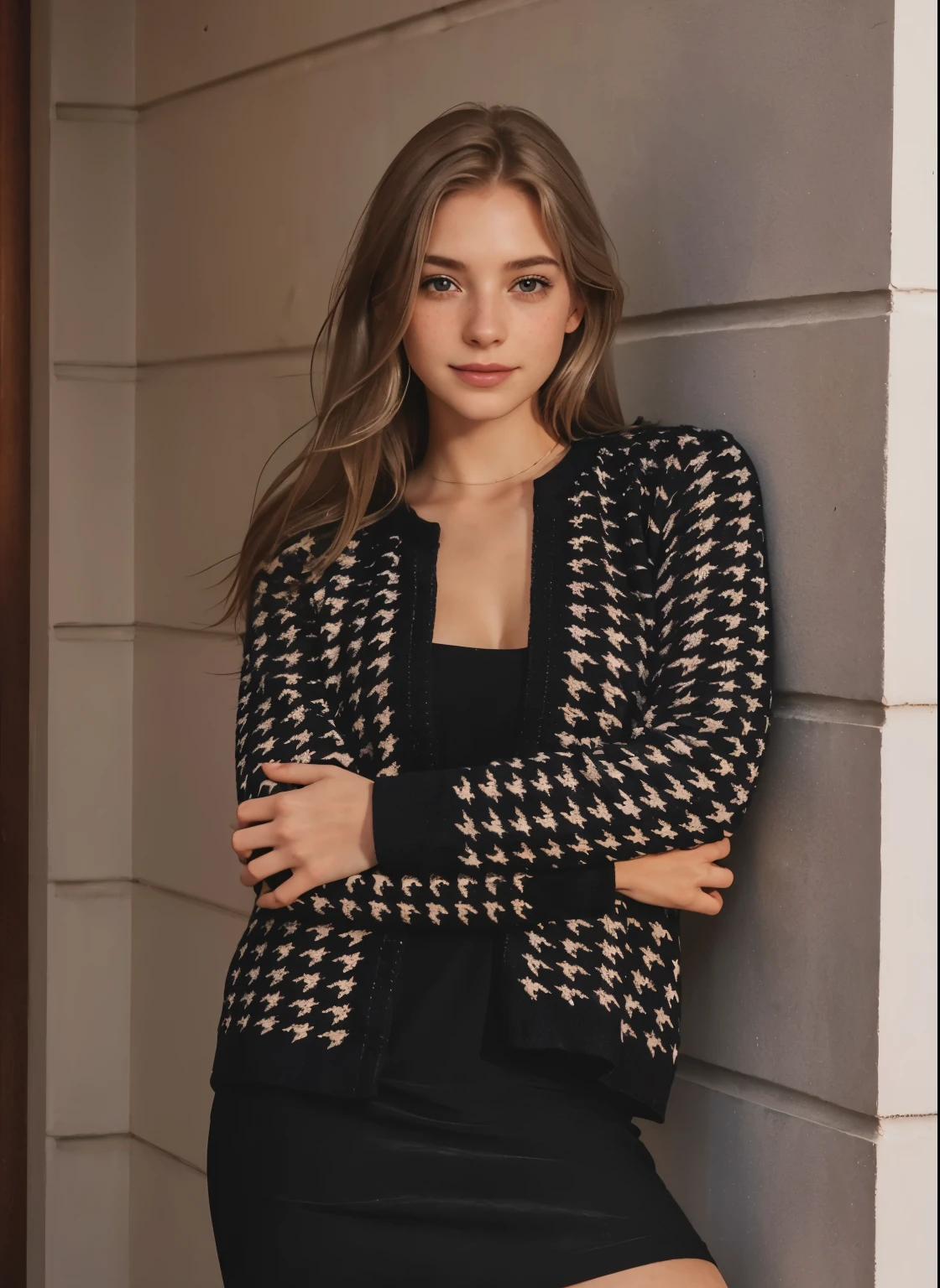 Woman, americana, age 25, pale skin and freckles, gray eyes, delicate nose, soft and delicate lips, far away, cabelo blondie far away e ondulado na altura da cintura, sweet smile, face with delicate feminine facial features, highly rendered