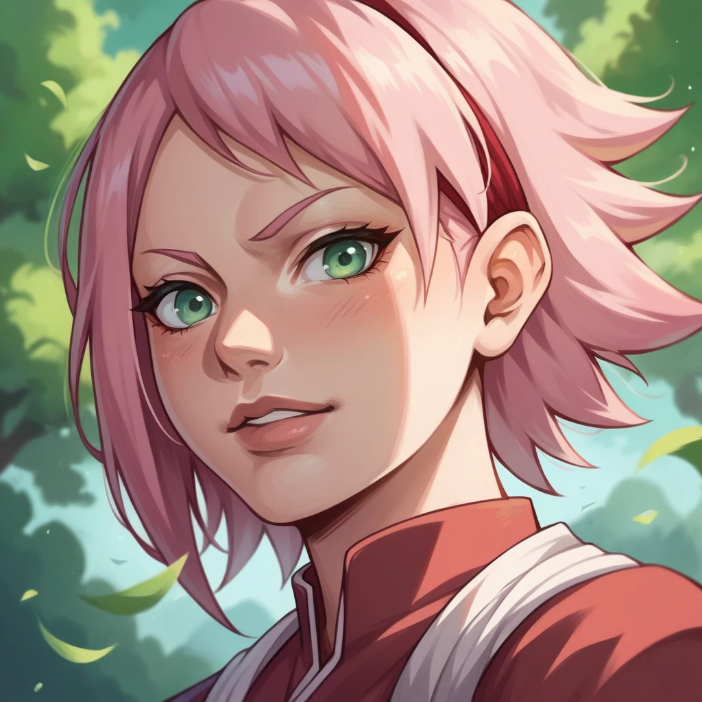 score_9,score_8_up,score_7_up, score_6_up, score_5_up, source_anime, sakura haruno from Naruto, green eyes, pink hair, ninja