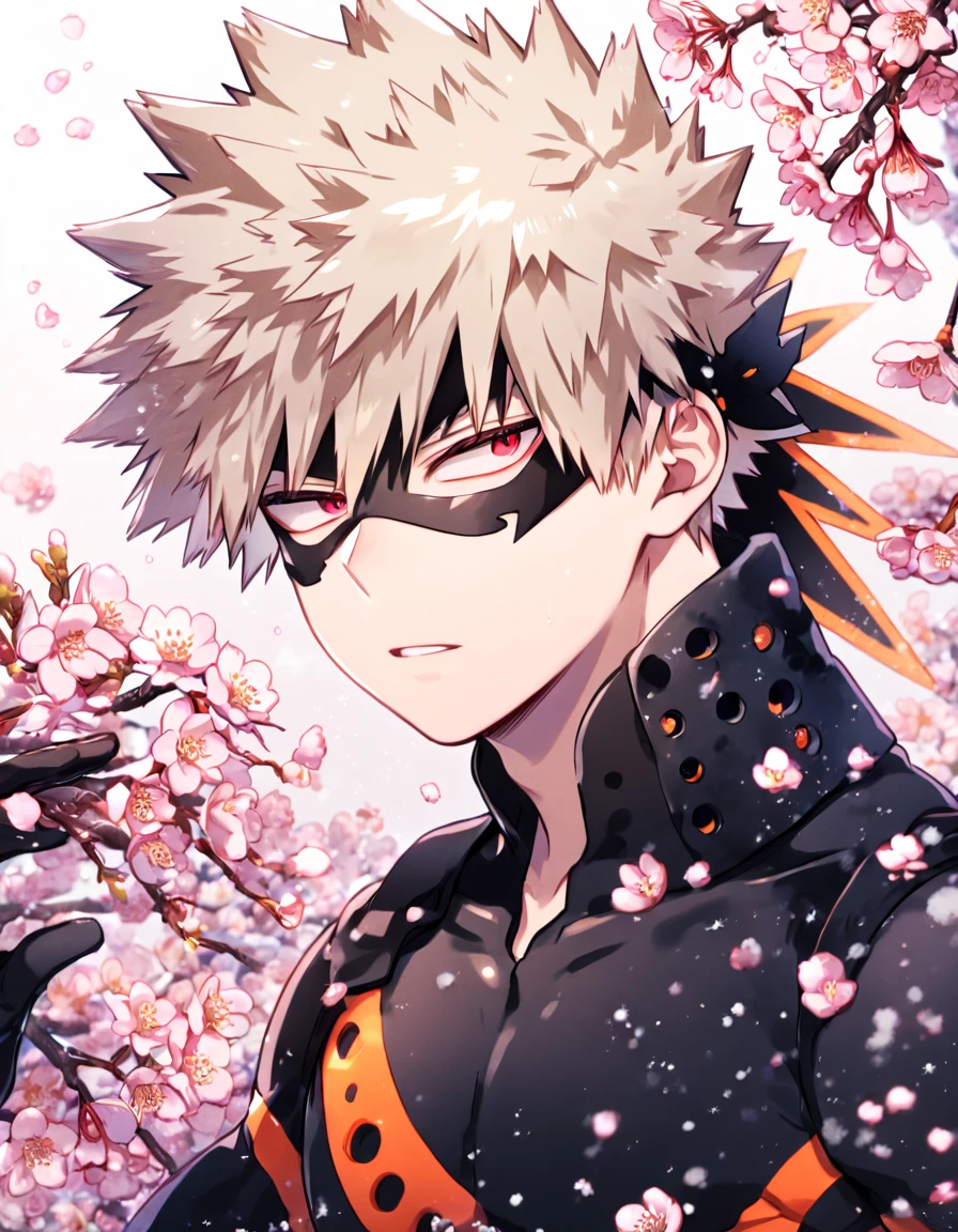 Ultra detailed, HDR, Highres, absurdres, master piece, Bakugou Katsuki, ash blonde hair, expressive red eyes, black hero clothes with oranger patterns, black eye mask, black gloves, Boku No Hero Academia, sexy man, handsome, cherry, flowers, blossoms, fantasy, magical, pink leaves, snowing, handsome, sensual, best quality, glittering, solo,