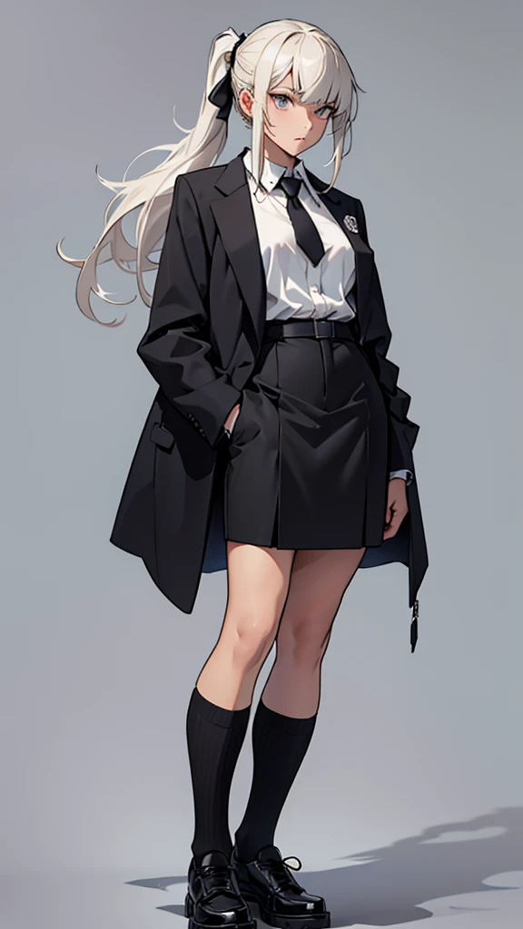 A drawing of a girl with hair tied in two short ponytails on each side and a fringe, dressed in a suit with black shoes, she is in a crazy position, the background is a syberphunk laboratory