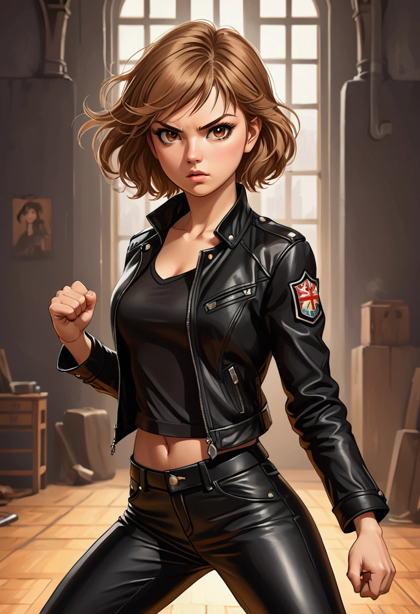 Beautiful young(Becca) Sarah Kay style girl with semi-short light brown hair, delicate British features, brown eyes, dressed in black leather pants and a black shirt and a black leather jacket, in a fighting stance, illustration, realistic, anime, photography, poster, fashion, portrait photography