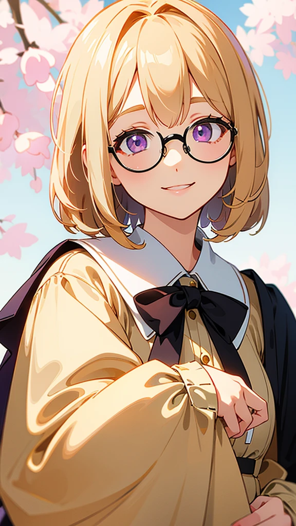 ((Highest quality)), ((masterpiece)), (detailed), Cream colored hair、Bob Hair、Slightly droopy eyes、Purple Eyes、Narrow-rimmed round glasses、girl、Facing forward、Friendly atmosphere、No belongings、Smiling smile、The whole body is shown