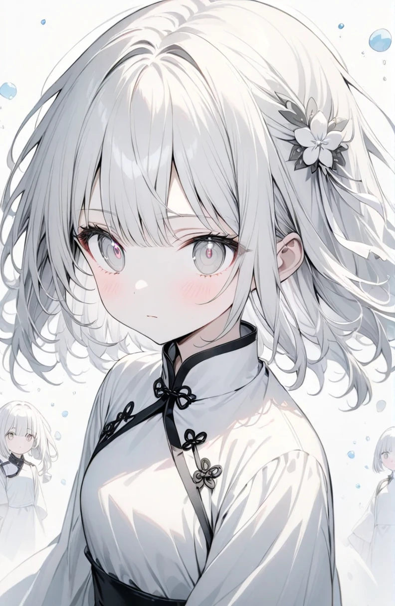 (masterpiece:1.2),(anime),、girl、cute,Silver Hair,Pink glowing eyes,sweets dream, A colorful world, cute, like, Highest quality, masterpiece,【Highest quality, Tabletop】 (Gray white background:1.7), Han Fei,Grey Hair,White flower hair ornament,White ribbon,Grey Eyes,Black and white outfit,White translucent socks,Fleeting,Expressionless,dream,White Background,whole body,Portraits,A look of contempt,chinese style clothing,chinese garment,Monochrome,Fleeting,