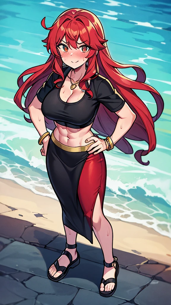 (masterpiece, best quality), 1girl, beautiful woman with wavy hair, standing on the beach, red hair, average breasts, nipple, wide hips, slim body, athletic body, muscle, muscular, abs, (red sports bra, black maxi pencil skirt, very long pencil skirt), tight long skirt, sandals, (cleavage, midriff, waist, hip bones), ocean waves, looking at viewer, full body, hand on hip, messy hair, sweatdrop, very sweaty, full-face blush, light smile, necklace, gold bracelet, wide-eyed