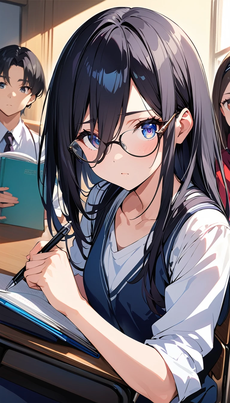 ((((School、During class、classroom)))、、 girls、((((((Sit in a chair and take a class、I have a pen、Notebooks and textbooks、)))))(((Serious face、Future outlook、Slender body)))、、Low length、((((((Eyes hidden by long bangs:1.2))))))、((([(freckles、Long black hair:1.2　hair band))))(((( Black-rimmed glasses:1.2　black eye)))、Side view、,Official Art、High resolution、Hyper Detail、[Angle from below:0.7]Upper Body