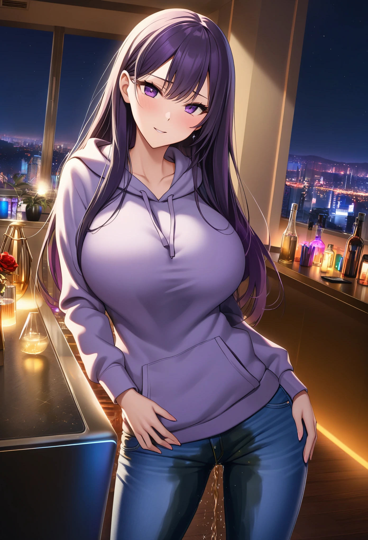 woman, very dark purple hair, purple eyes, long hair, huge breasts, skinny, hourglass figure, stylish hoodie, tight jeans, standing, (wetting herself:1.5), best quality, ultra-detailed, HDR, studio lighting, professional, vivid colors, sharp focus, bokeh, landscape, love hotel, bar counter, night, window, cityscape, colorful city, neon lights, futuristic, science fiction, soft lighting, dynamic shadows, embarrassed, humiliation, blushing, angry, facing viewer, (hands on hips:1.5), groin, mound of Venus