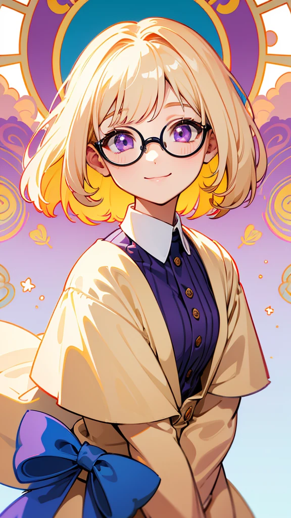 ((Highest quality)), ((masterpiece)), (detailed), Cream colored hair、Bob Hair、Slightly droopy eyes、Purple Eyes、Narrow-rimmed round glasses、girl、Facing forward、Friendly atmosphere、No belongings、Smiling smile、The whole body is shown