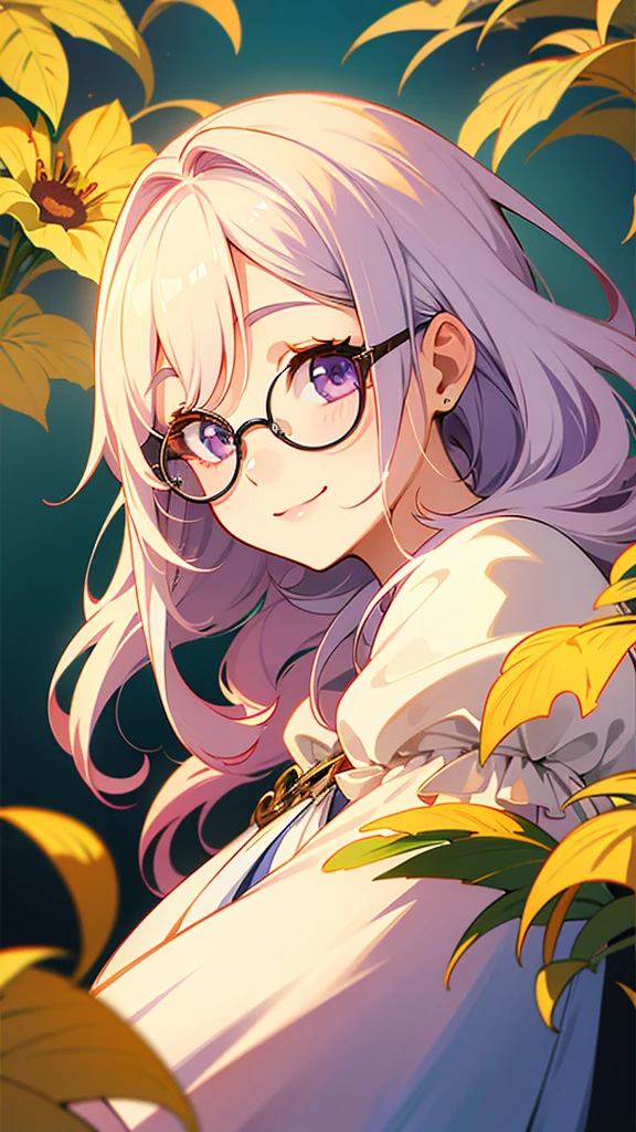 ((Highest quality)), ((masterpiece)), (detailed), Cream colored hair、Bob Hair、Slightly droopy eyes、Purple Eyes、Narrow-rimmed round glasses、girl、Facing forward、Friendly atmosphere、No belongings、Smiling smile、The whole body is shown